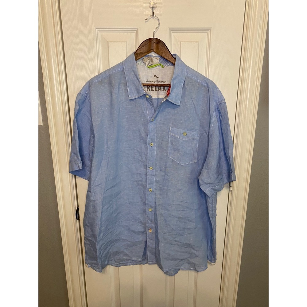 Tommy Bahama Relax Mens XXL Light Blue 100% Linen Short Sleeve Button Down Shirt